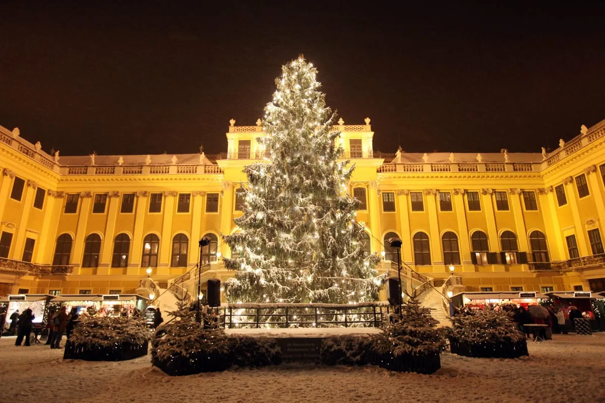 A large lit Christmas tree and market stalls in the snow-covered courtyard of Schönbrunn Palace at night